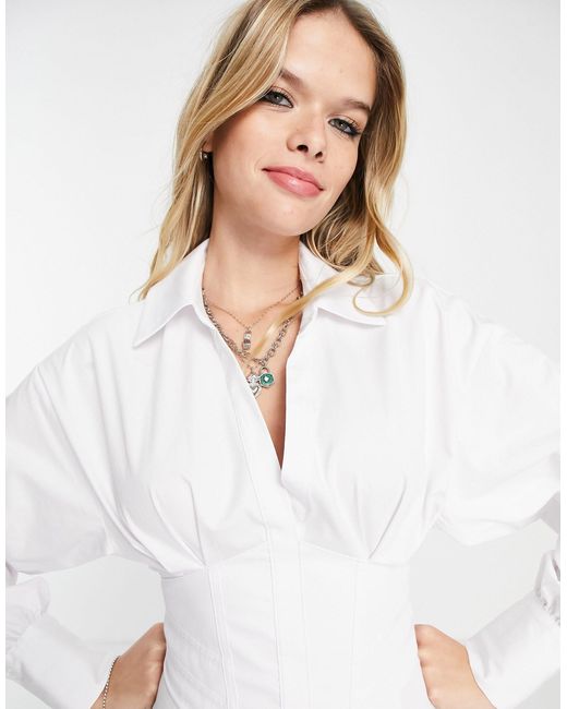 Bershka corset detail poplin shirt dress in white - ShopStyle