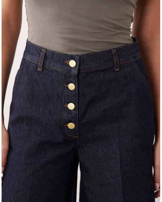 ASOS Blue Wide Leg Denim Bermuda Short With Gold Button