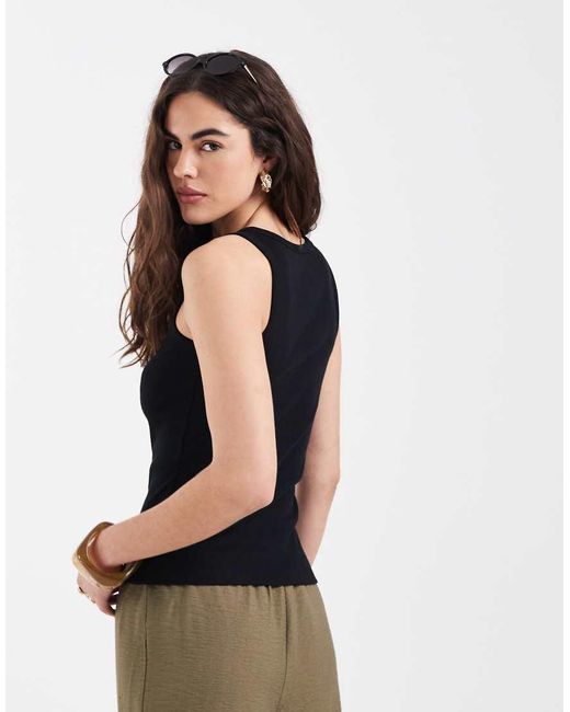 New Look Black V Neck Ribbed Button Through Top