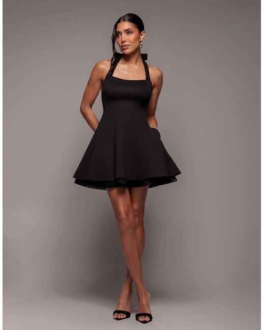 Goddiva Brown Organza Frill Bow Back Halter Mini Dress