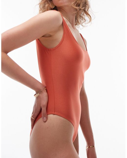 TOPSHOP Red Shiny Mix And Match Scoop Swimsuit
