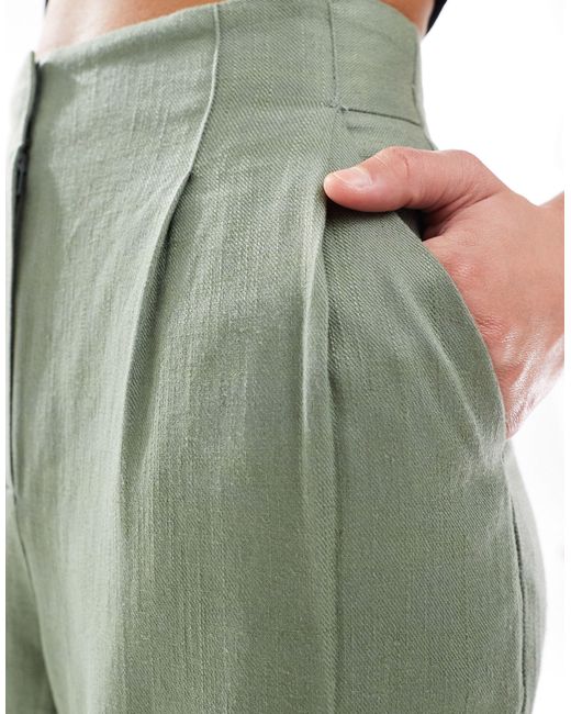 Pantalon taille haute à pinces en lin mélangé - kaki ASOS en coloris Green