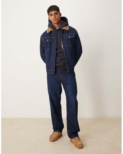Mango Blue Zip Down Shirt Detail Denim Jacket With Borg Collar for men