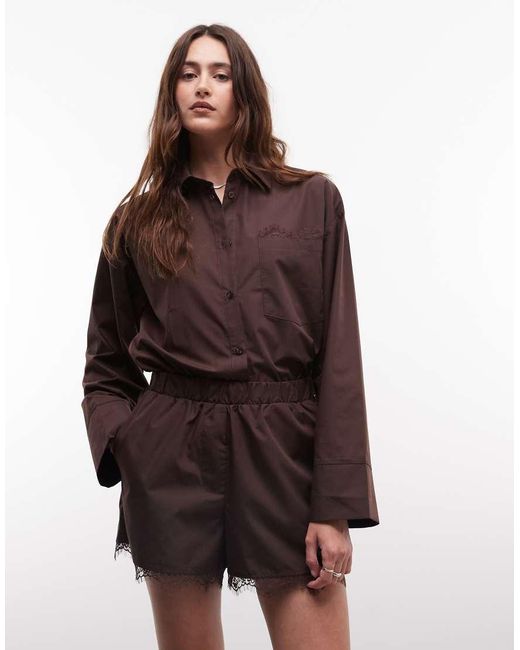 Noisy May Brown Shorts With Lace Hem
