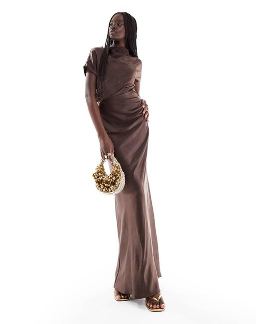 Six Stories Brown Bridesmaid Ruched Drape Satin Maxi Dress