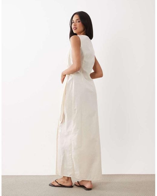 Kaiia Natural Exclusive Linen Blend V-neck Wrap Tie Front Maxi Dress