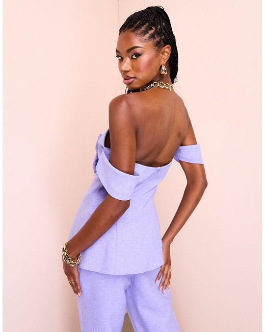ASOS Purple Linen Look Off Shoulder Tailored Top With Bow Detail