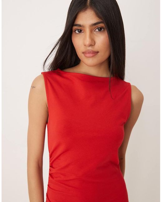 ASOS Red Ruched Side Midi Dress With Slash Neck