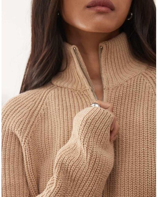 Monki Natural Ribbed Knitted Two Way Zip Cardigan
