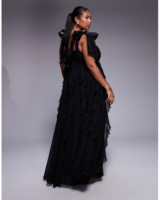 ASOS Black Curve Halter Maxi Dress With Waterfall Ruffles