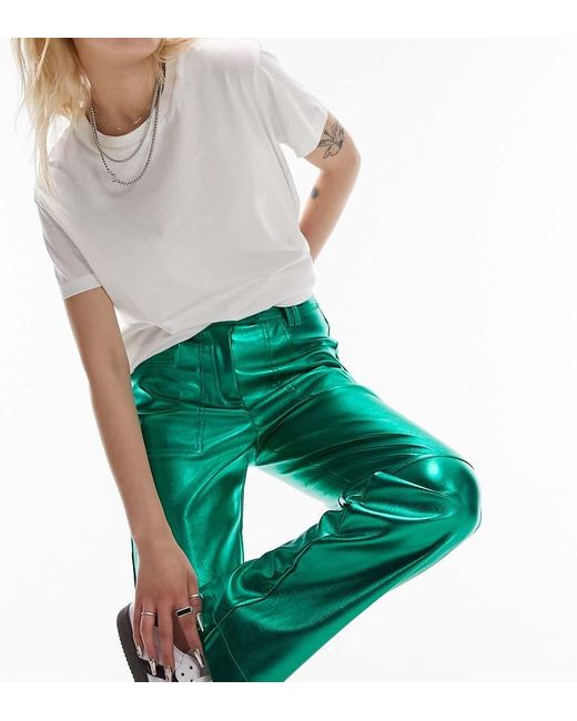 Topshop Unique Green Leather Low Rise Tab Waist Straight Leg Metallic Trouser