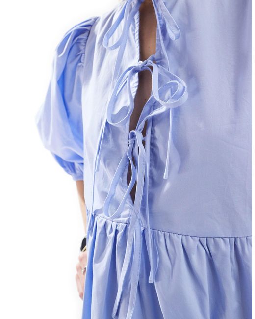 Glamorous Blue Bow Tie Puff Sleeve Midi Smock Dress