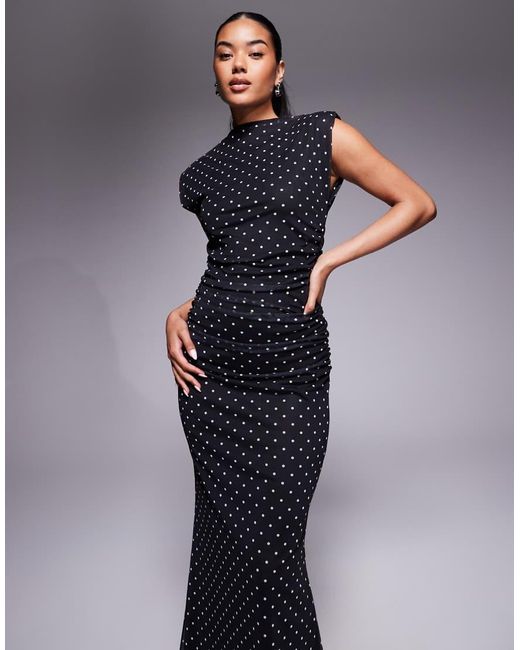 ASOS Blue High Neck Detail Maxi Dress With Shoulder Pads