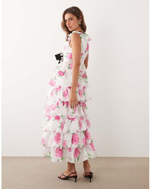 Sister Jane Pink Dream Pernilla V-Neck Sleeveless Bow Detail Tiered Ruffle Skirt Maxi Dress