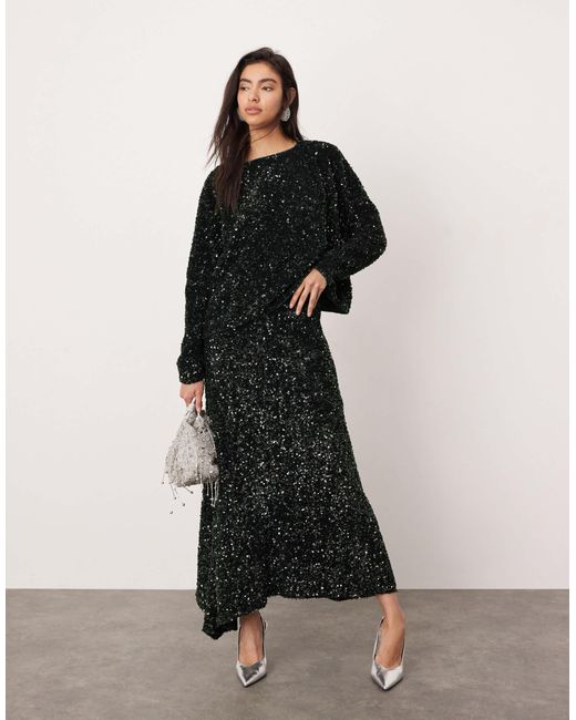 Top ample d'ensemble en velours à sequins et manches longues - vert foncé ASOS en coloris Black