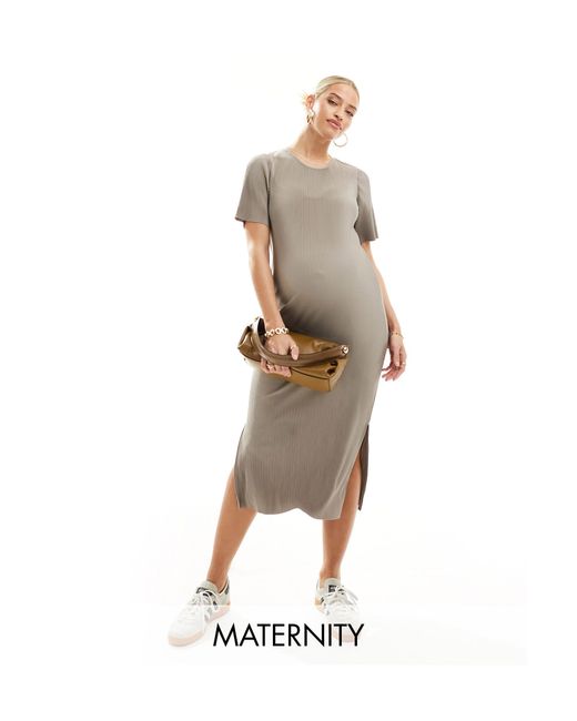 Mama.licious White Mamalicious Maternity Short Sleeved Plisse Midi Dress