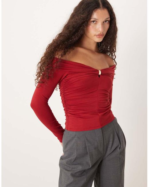 Abercrombie & Fitch Red Off The Shoulder Long Sleeve Hardware Top