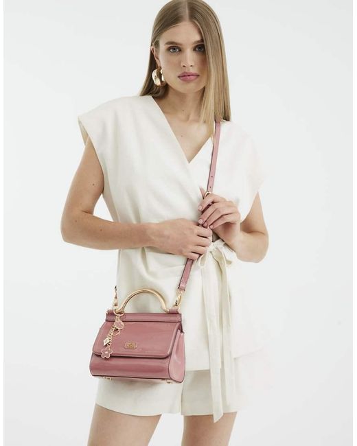 River Island White Patent Metal Handle Mini Tote Bag
