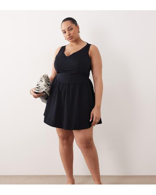 ASOS Black Asos Design Curve Waisted V Neck Mini Sundress With Seaming Details