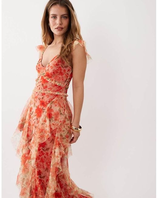 LACE & BEADS Red Tulle Ruffle Detail Maxi Dress