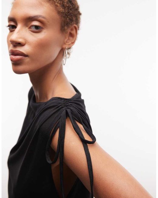 Weekday Black Sheer Slash Neck Maxi Dress With Ruched Side Detail