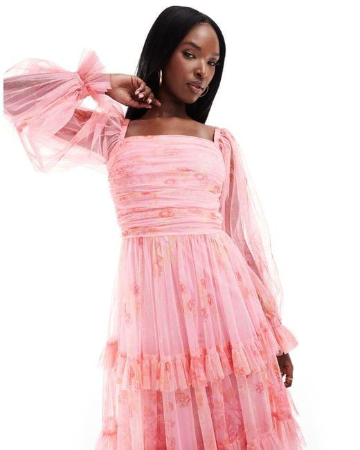 LACE & BEADS Pink Balloon Sleeve Ruffle Maxi Dress