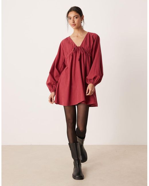 ASOS Red Corduroy V-neck Tie Bust Mini Dress With Volume Sleeve