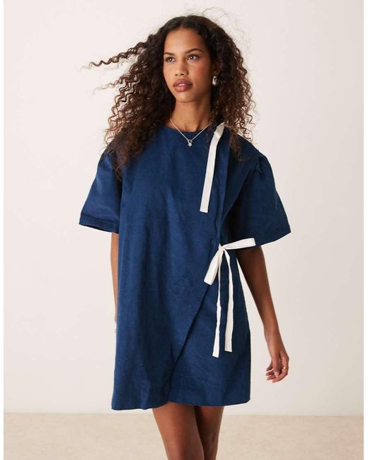 Ghospell Blue Contrast Bow Mini Dress