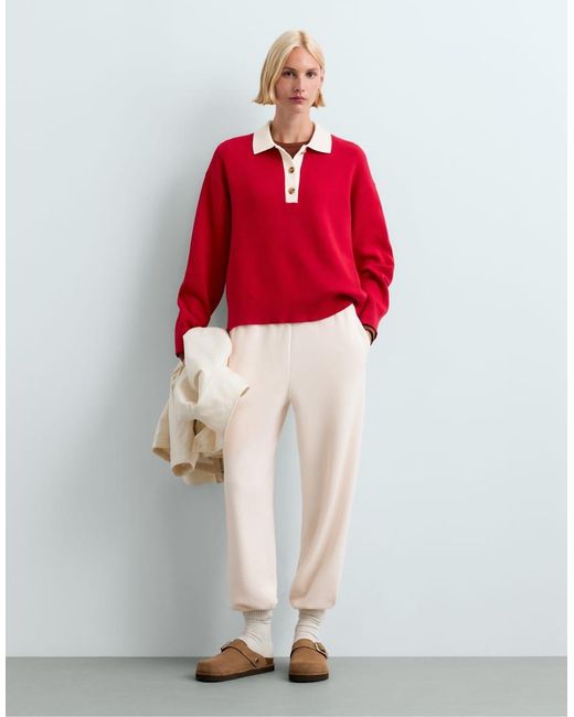 Oysho Red Contrast Knit Polo Jumper