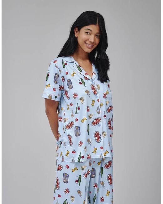 Loungeable Blue Pasta Food Graphic Shirt And Trouser Pj Set