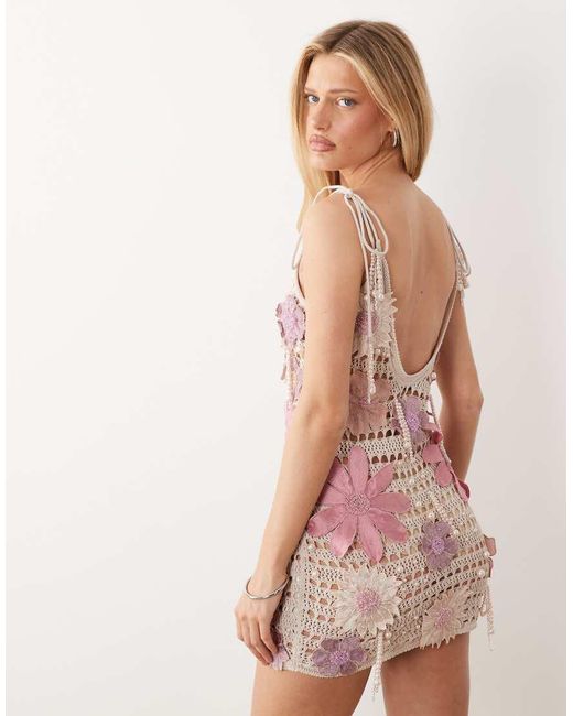 ASOS Pink Crochet Cami Mini Dress With Floral Embellishment