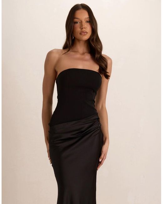 Missy Empire Black Woven Corset Top Pleated Satin Maxi Dress