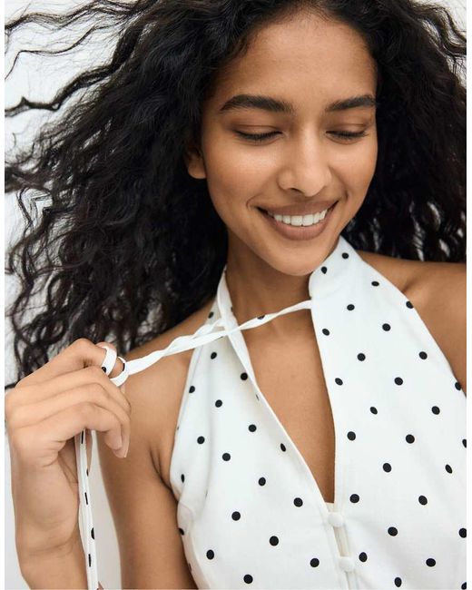 Stradivarius White Polka Dot Print Fitted Halter Top