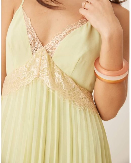 ASOS Yellow V Neck Lace Trim Pleated Cami Midi Dress