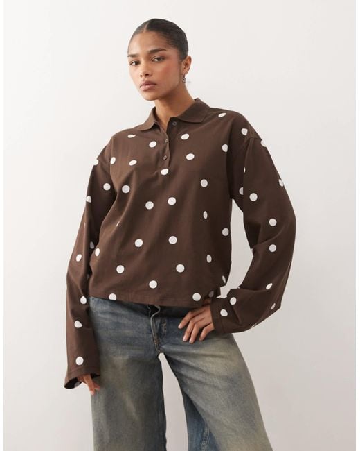 Monki 05913267 Monki Long Sleeve Oversized Rugby Polo Shirt in Brown | Lyst