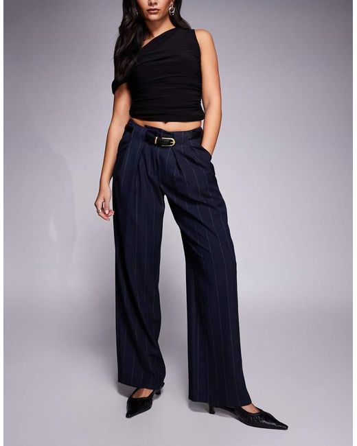 River Island Blue Pinstripe Low Waist Belted Pants