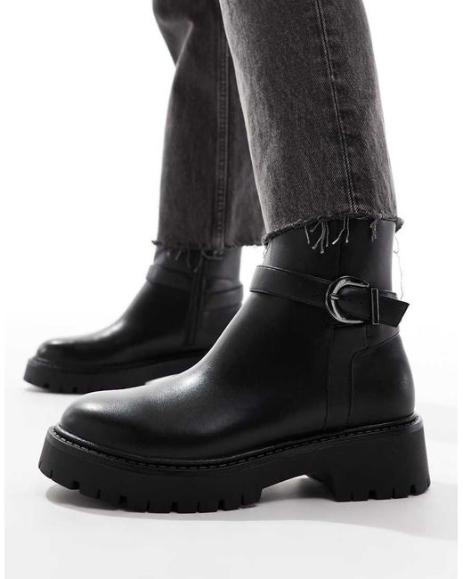 London Rebel Black London Rebel Billie Wide Fit Chunky Ankle Boots With Buckle