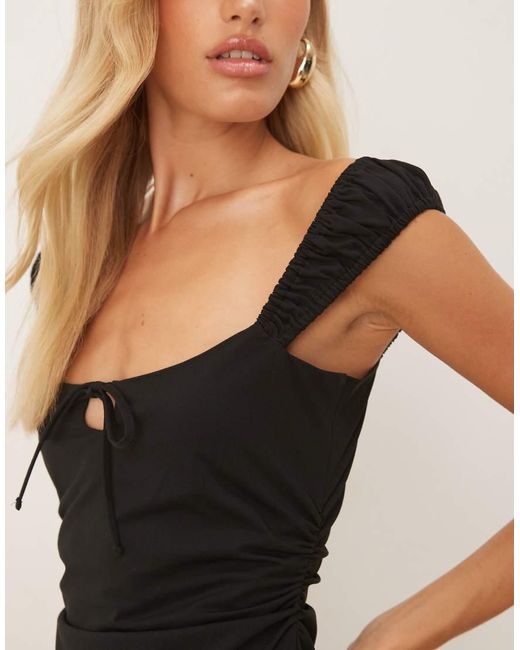 ASOS Ruched Cap Sleeve Tie Front Midi Dress in Natural | Lyst UK