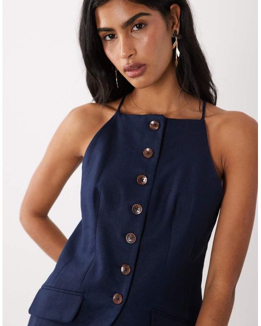 River Island Blue Linen Blend Longline Waistcoat