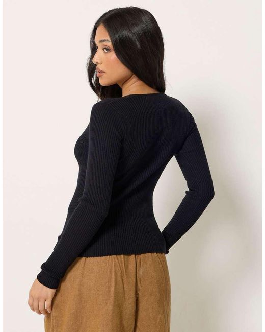 PixieGirl Blue Petite Ribbed Button Scoop Neck Jumper