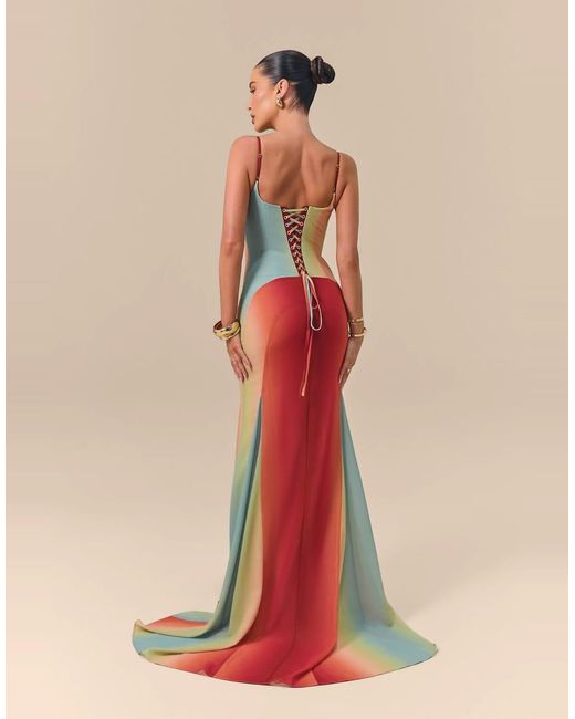 Wanderdoll Natural X Emma Milton Rayne Chiffon Corset Lace Back Godet Detail Maxi Dress