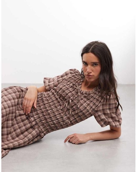 Daisy Street Brown Shirred Drop Waist Midi Dress With Puff Sleeves And Tie Front