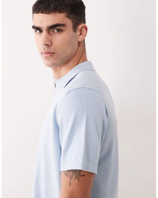 ASOS Blue Essential Relaxed Fine-knit Notch Polo for men