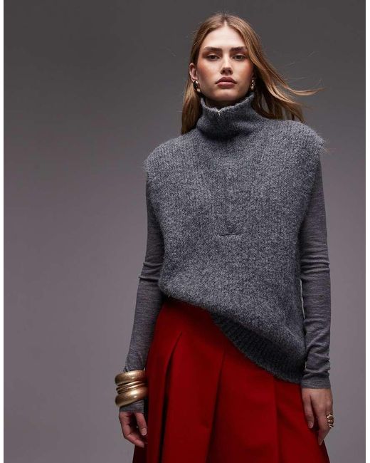 ASOS Gray Knit Zip Up Tank Top With Wool