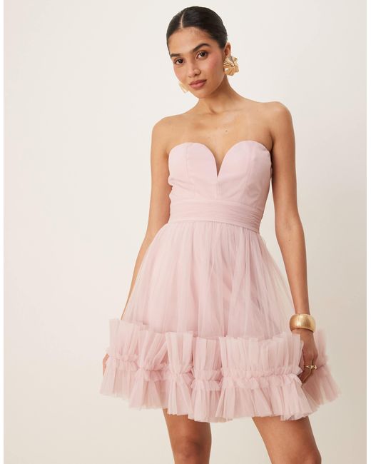 LACE & BEADS Women's Pink Ruffle Hem Sweetheart Mini Tulle Dress LACE & BEADS Women's Pink Ruffle Hem Sweetheart Mini Tulle Dress