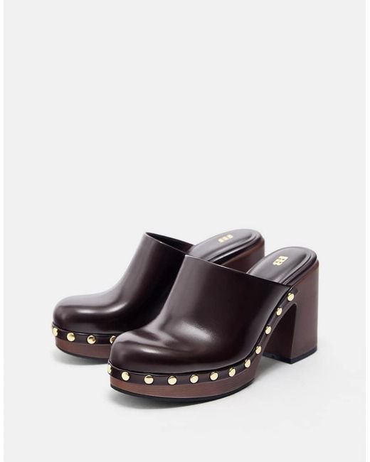 Pull&Bear Brown Studded Block Heel Clogs