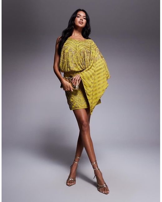 ASOS Yellow Asymmetric Cape Detail Allover Embellished Mini Dress
