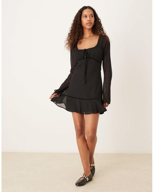 ASOS Black Ruched Bust Scoop Long Sleeve Mini Dress