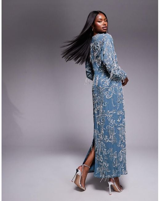 Green Asos Flowy Dress ASOS DESIGN Long Sleeve All Over Fringe Embellished Maxi Dress In Blue Green Asos Flowy Dress ASOS DESIGN Long Sleeve All Over Fringe Embellished Maxi Dress In Blue