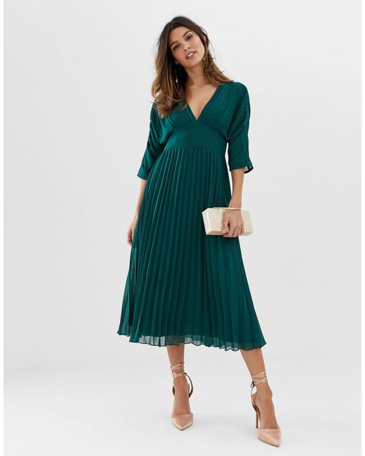 ASOS Green Pleated Midi Dress With Batwing Sleeves